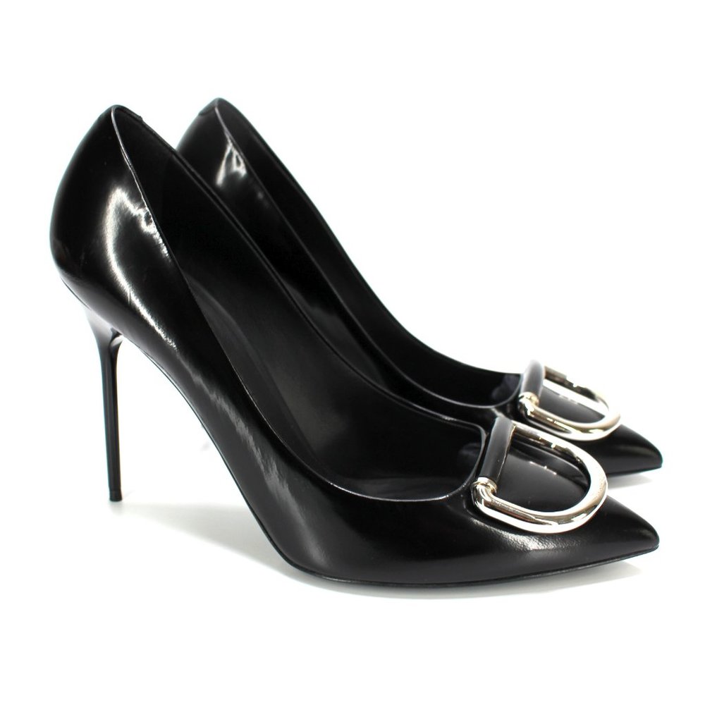 Burberry Flanagan Black Patent Leather Pumps 38 Silver D-Ring Stiletto Heels NEW